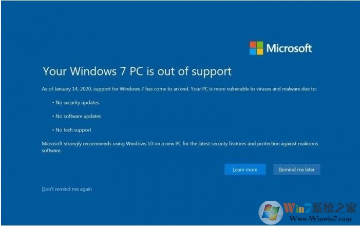 Win7結(jié)束支持后催促升級Win10全屏警告圖片曝光！有點像藍(lán)屏