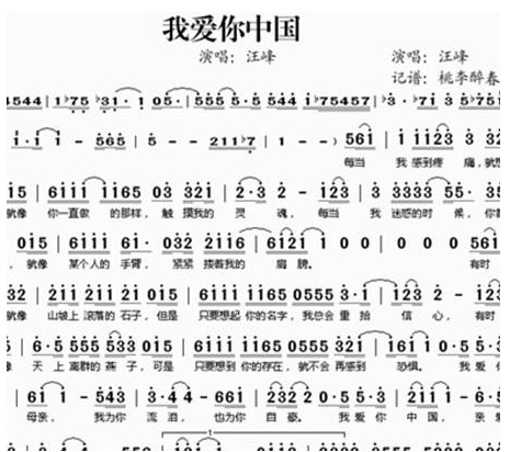 我愛你中國(guó)原唱MP3+簡(jiǎn)譜 完整版